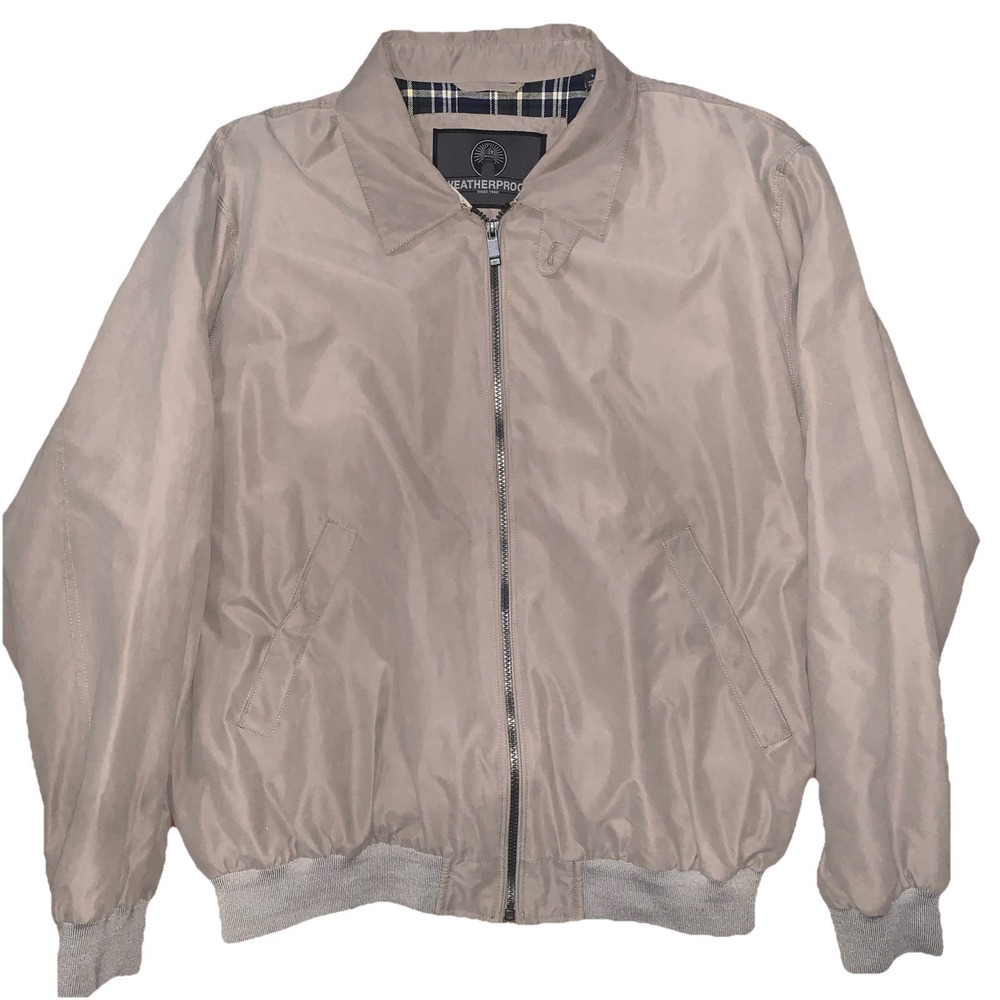 Weatherproof Bomber Light Jacket Mens Sz Large Beige Khaki Blue Plaid Zip Casual